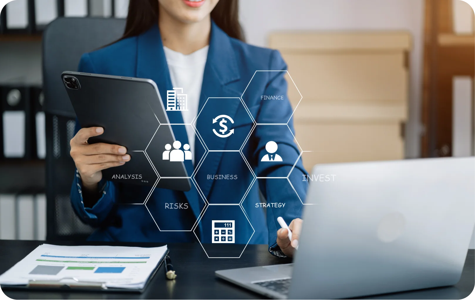 Woman using mobile in modern office with digital dashboards