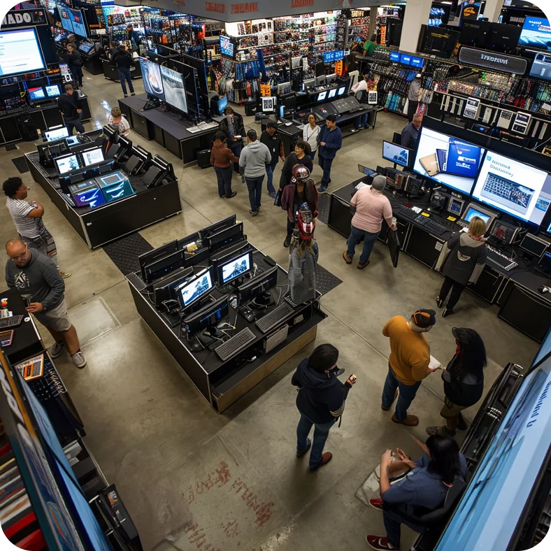 Large electronics retail store with customers